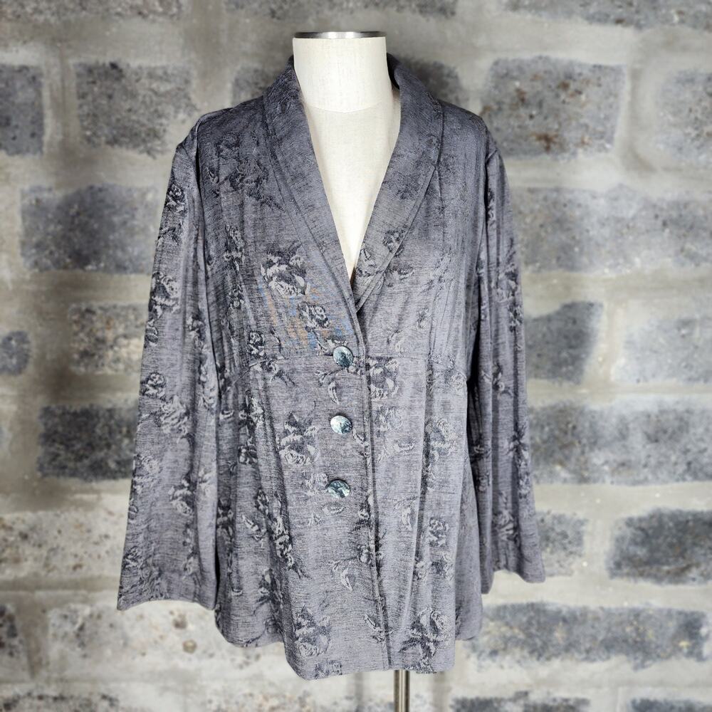 J JILL sz L gray brocade abalone button front jacket